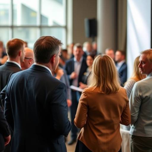 Fotografia de um evento corporativo com pessoas interagindo e um palestrante no palco.