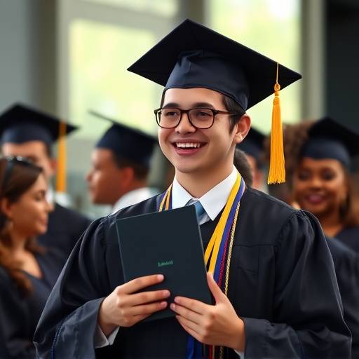 Jovem formando sorrindo ao receber seu diploma em uma colaäão de grau em Salvador.